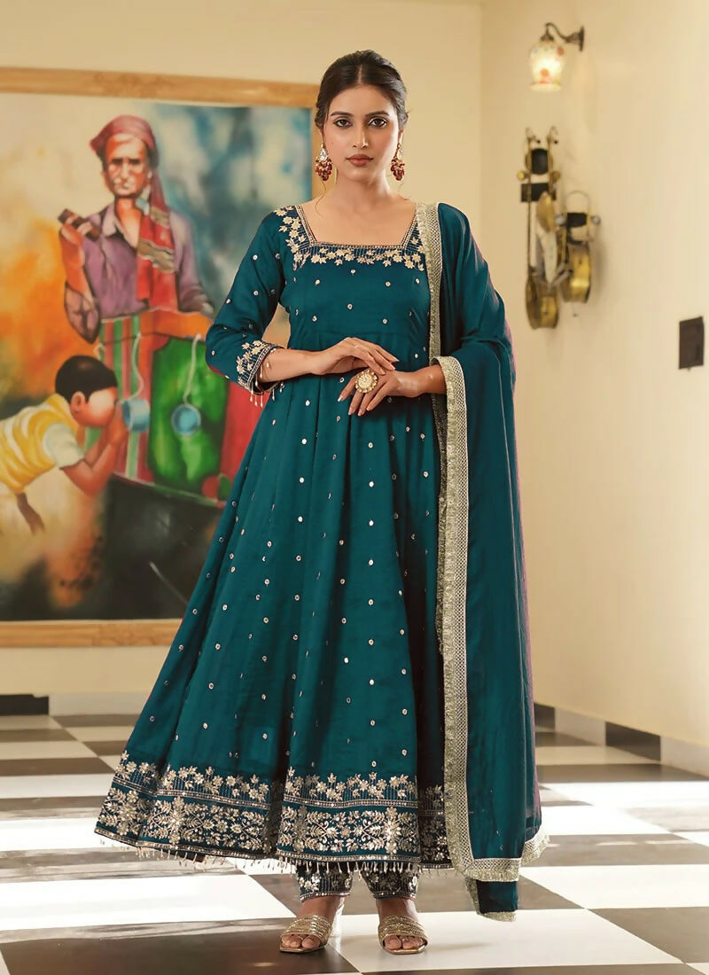 Teeya Creation Teal Color Pure Vichitra Silk Embroidery Work Party Wear Gown