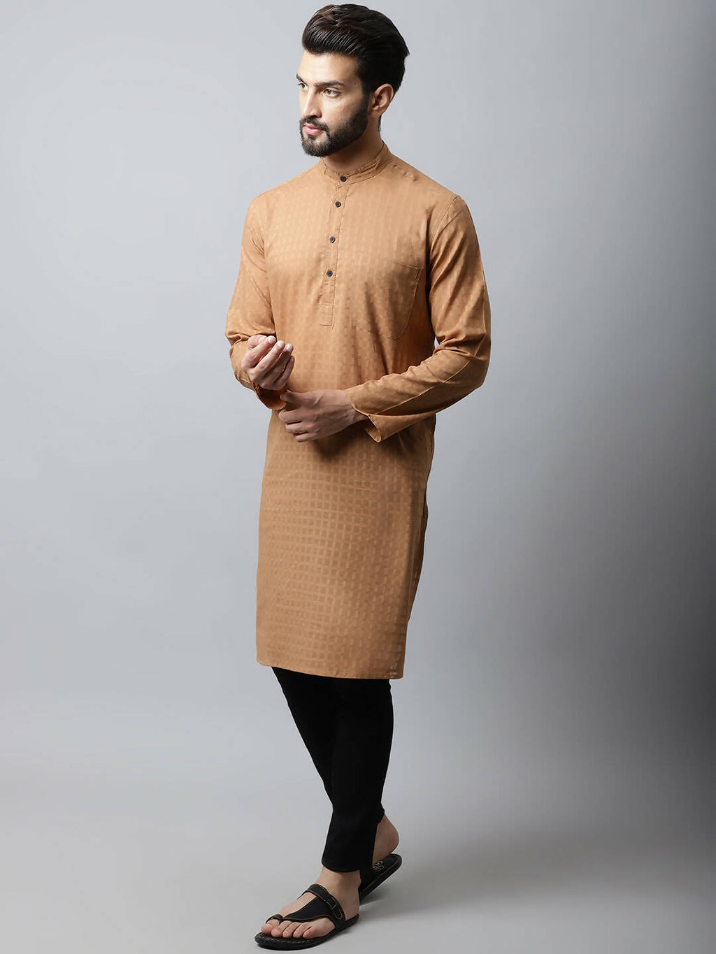 Even Apparels Brown Color Pure Cotton Men's Kurta With Band Collar (CHK1200)