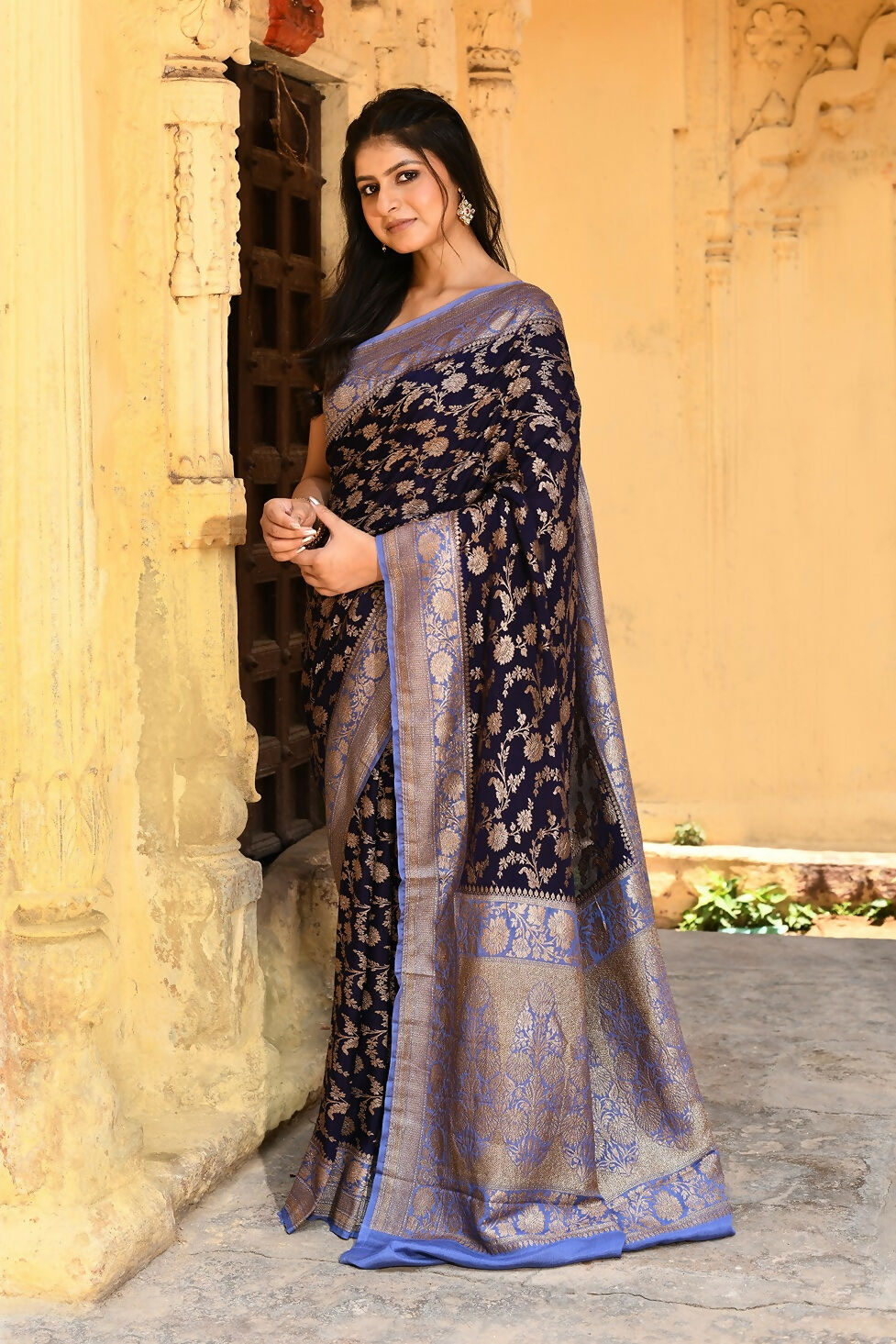 Joban Fashion Navy Blue Crepe Chiffon Pure Handloom Banarasi Silk Saree