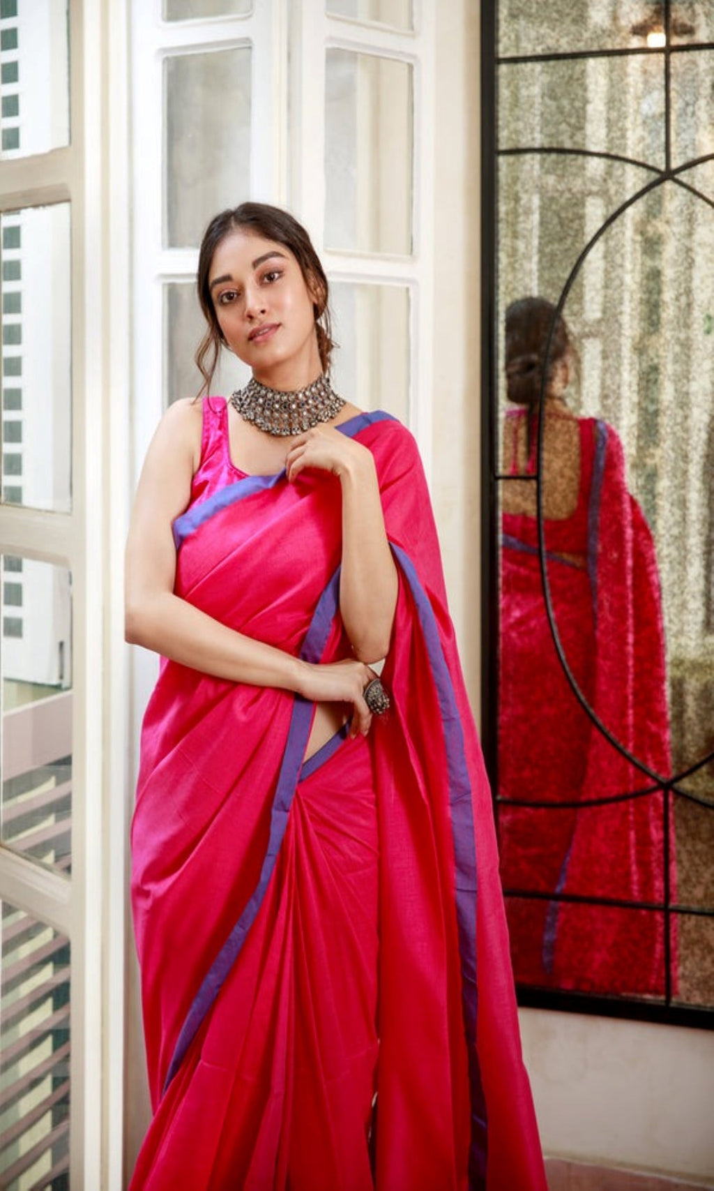 Piyari Fashion Handloom Rani Pink Cotton Saree