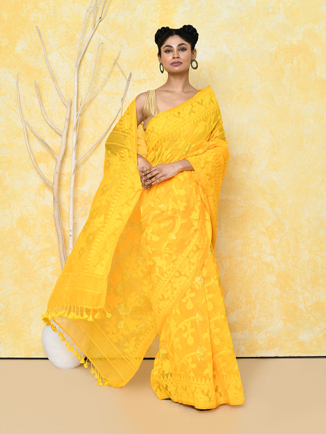 Piyari Fashion Women's Yellow Cotton Silk Jamdani Saree