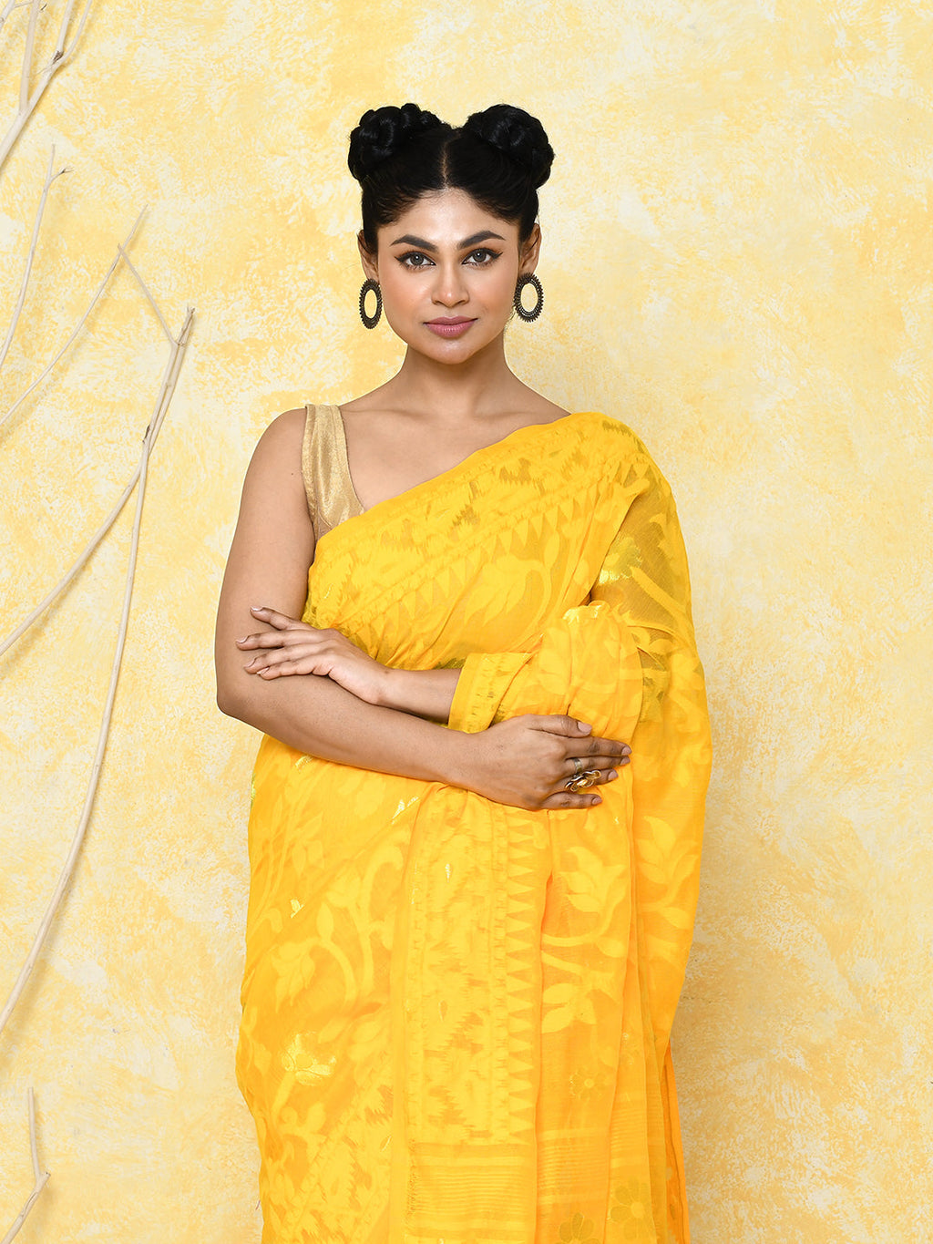 Piyari Fashion Women's Yellow Cotton Silk Jamdani Saree