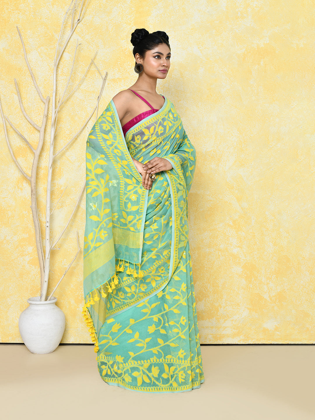 Piyari Fashion Women's Light Turquoise Cotton Silk Jamdani Saree