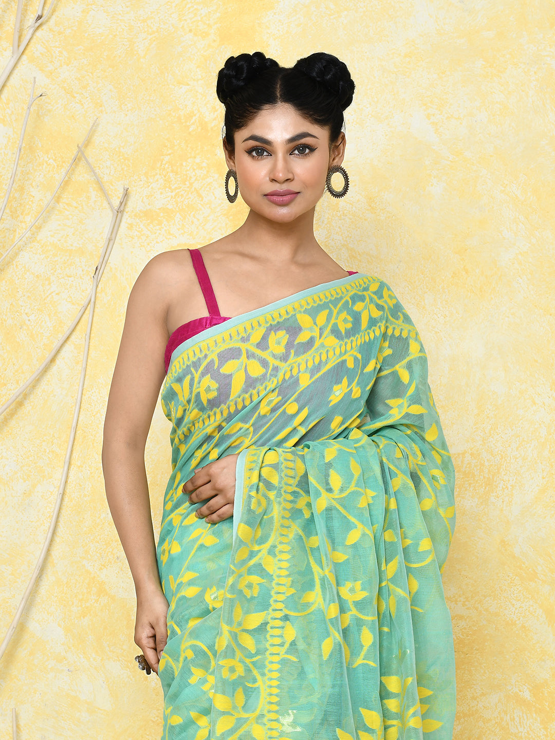 Piyari Fashion Women's Light Turquoise Cotton Silk Jamdani Saree