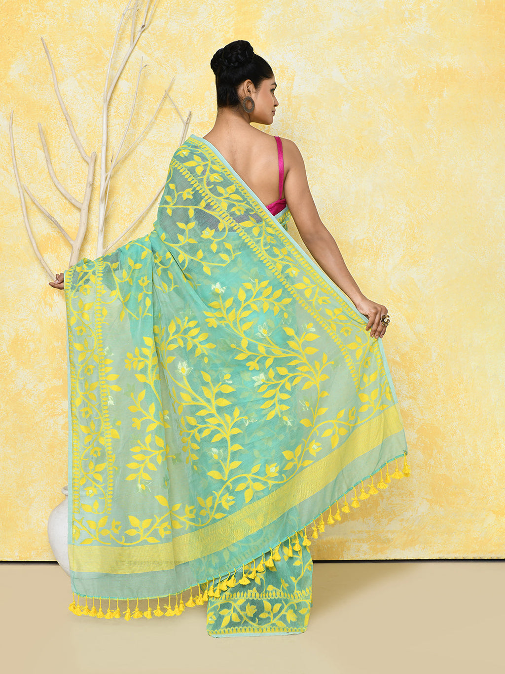 Piyari Fashion Women's Light Turquoise Cotton Silk Jamdani Saree