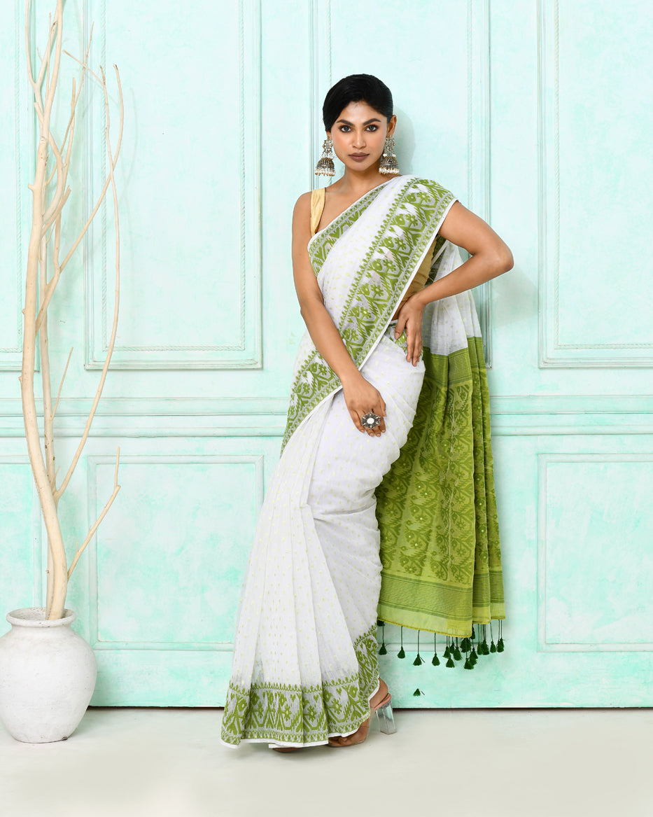 Piyari Fashion Women's White Cotton Silk Jamdani Saree
