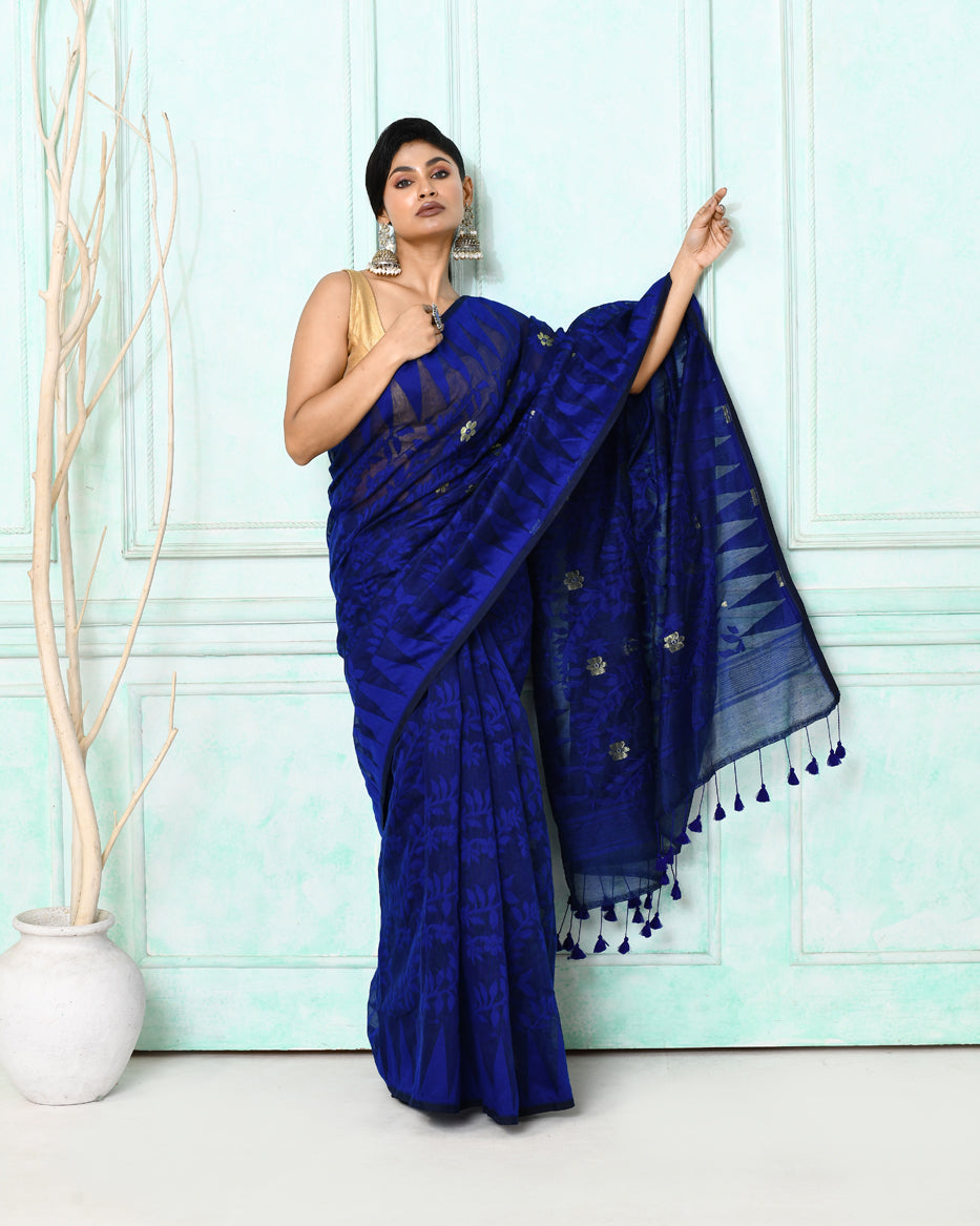 Piyari Fashion Women's Blue Cotton Silk Jamdani Saree