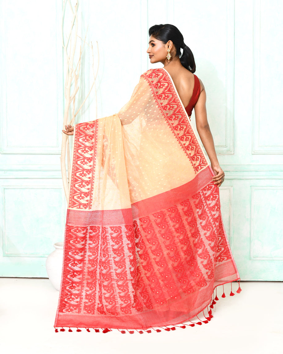 Piyari Fashion Women's Muga Red Cotton Silk Jamdani Saree