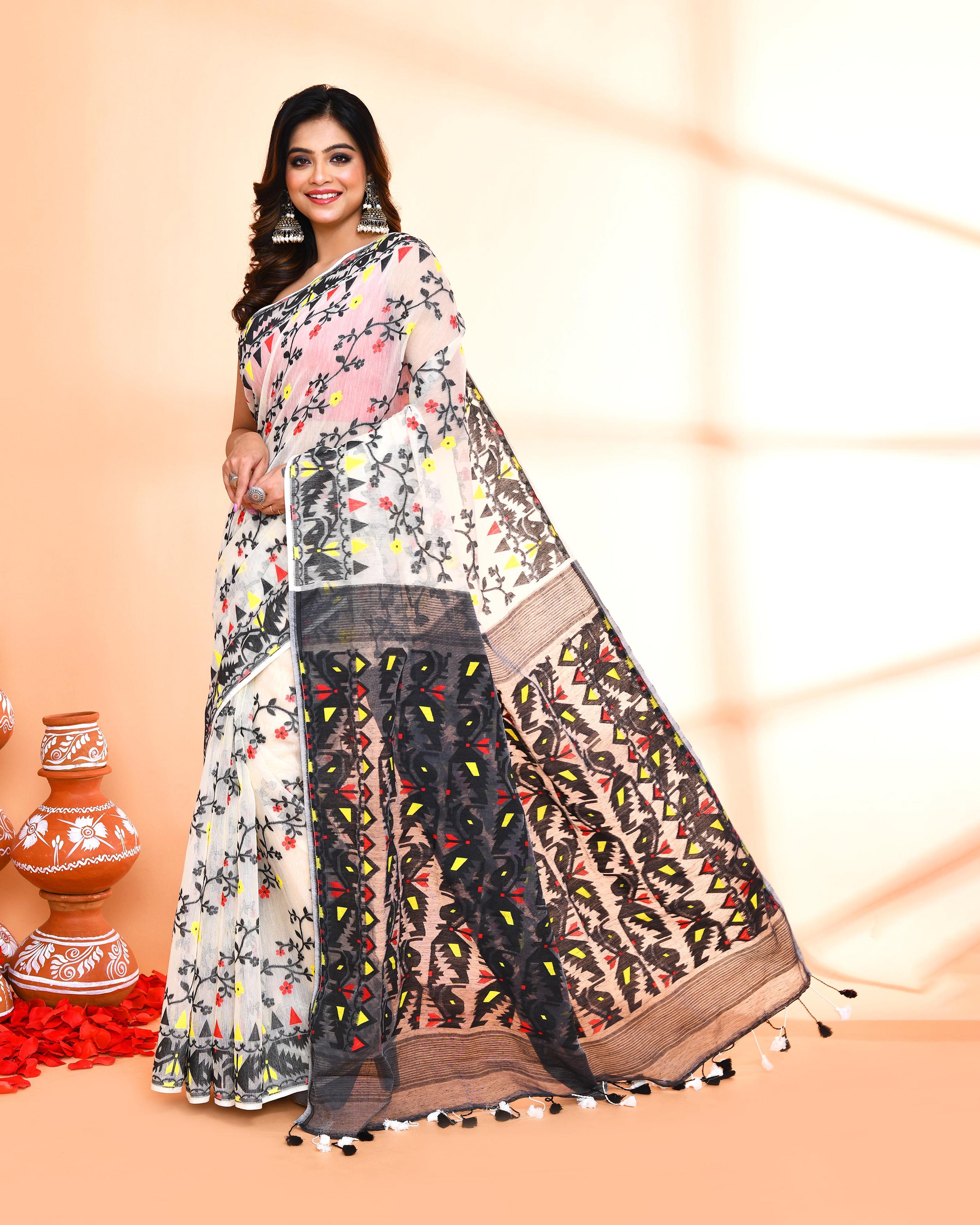 Piyari Fashion Women's Off White Black Cotton Silk Jamdani Saree