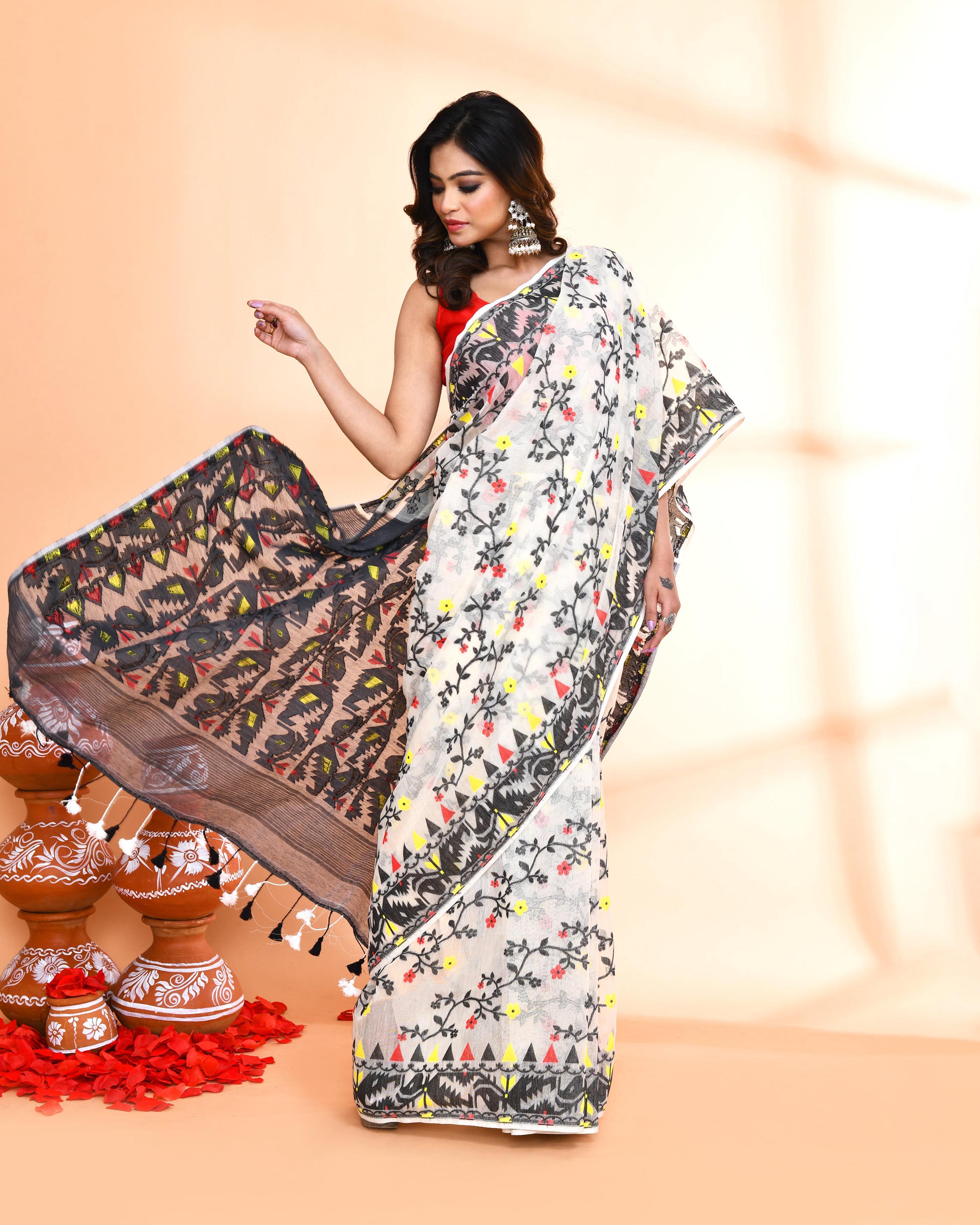 Piyari Fashion Women's Off White Black Cotton Silk Jamdani Saree