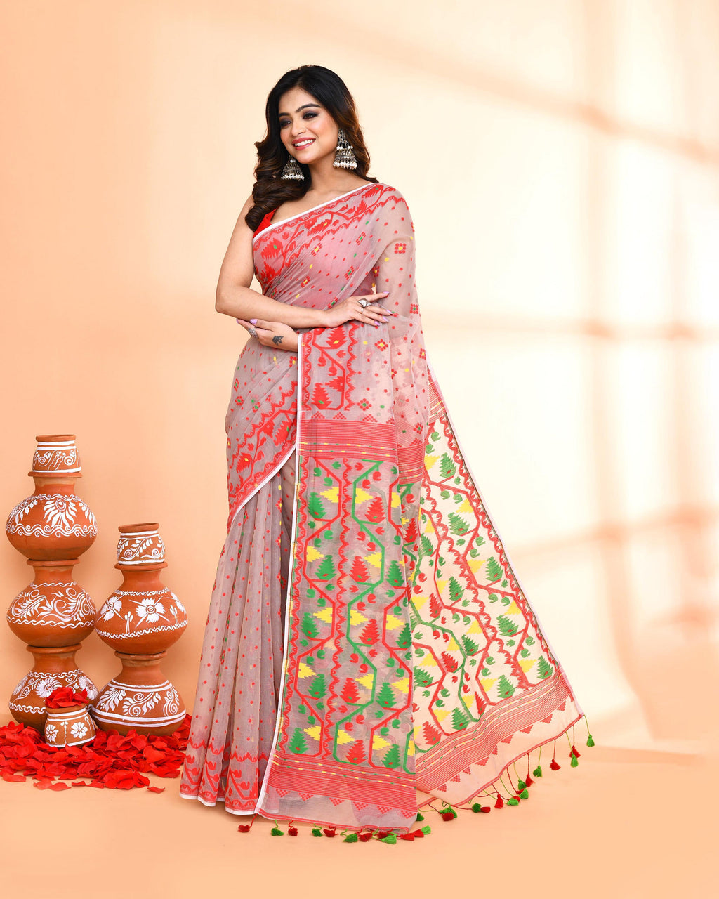 Piyari Fashion Women's Cane Beige Cotton Silk Jamdani Saree
