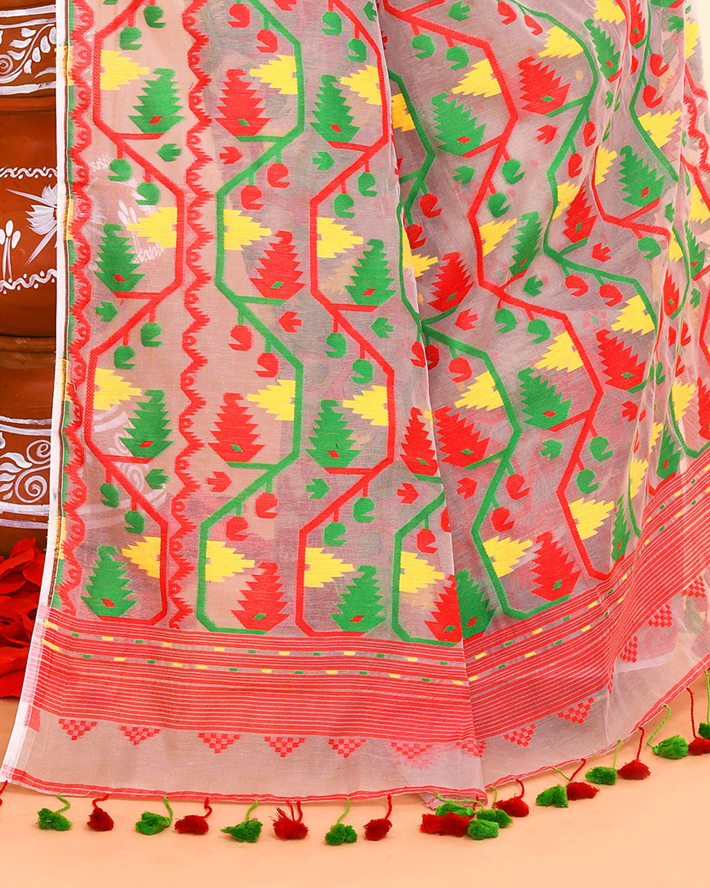 Piyari Fashion Women's Cane Beige Cotton Silk Jamdani Saree