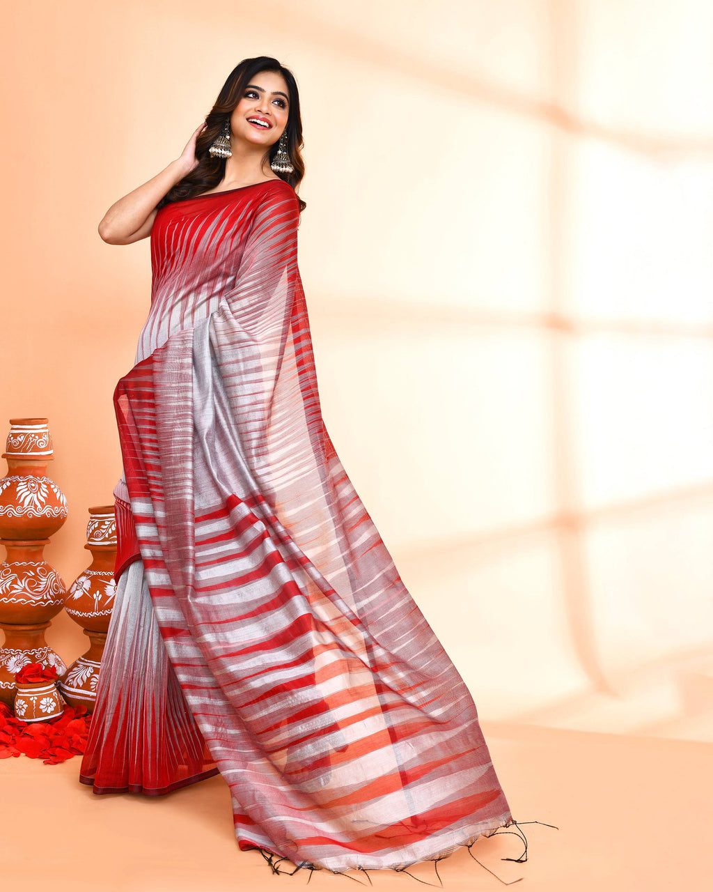 Piyari Fashion Women`s Cotton Silk Silver Handloom Saree With Blouse