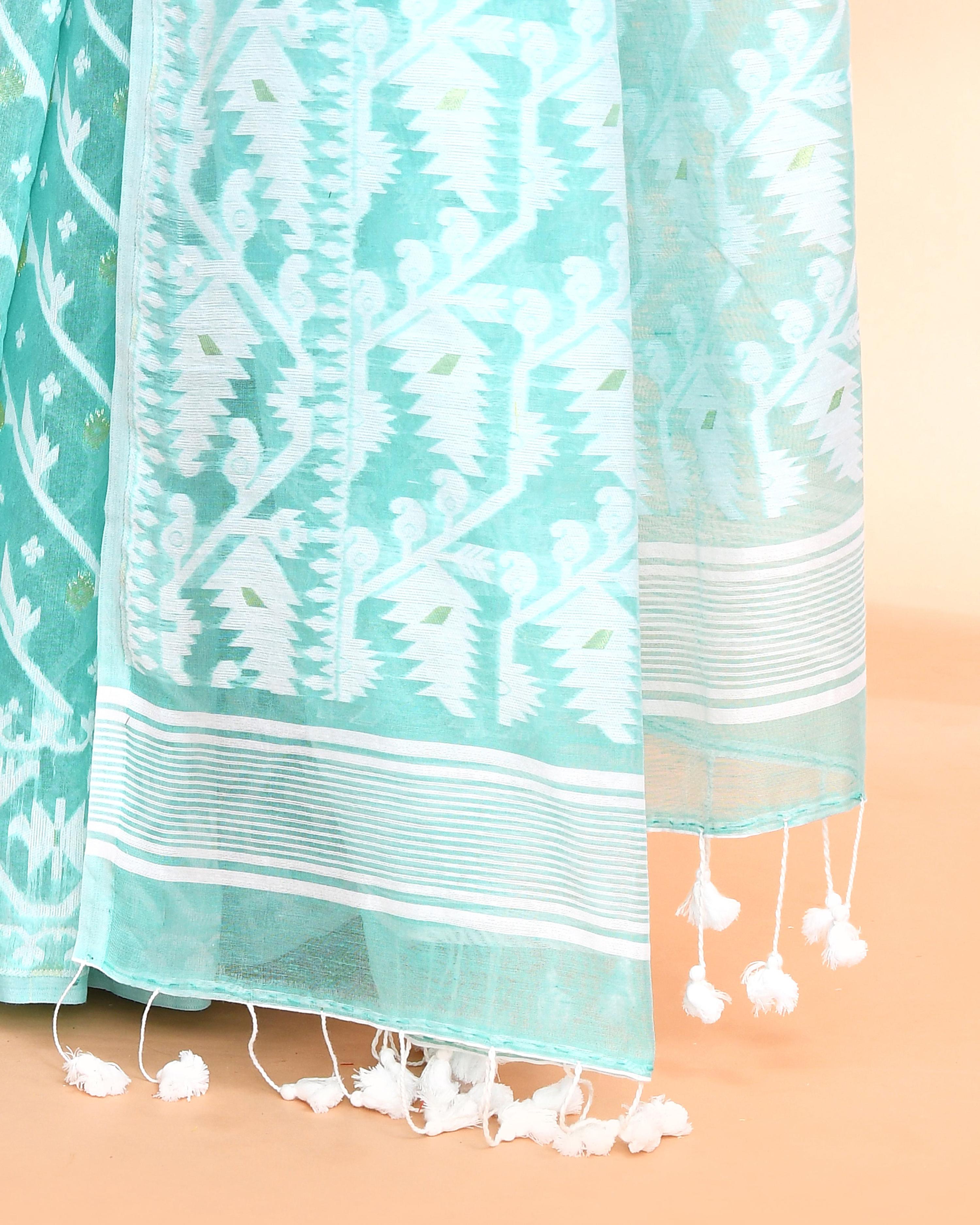 Piyari Fashion Women's Light Turquoise Cotton Silk Jamdani Saree