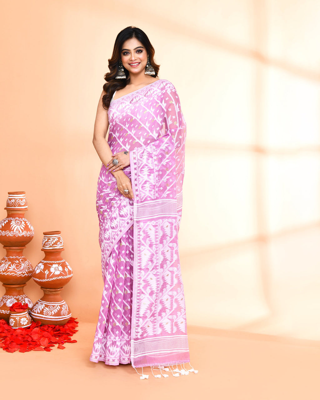 Piyari Fashion Women's Light Purple Cotton Silk Jamdani Saree