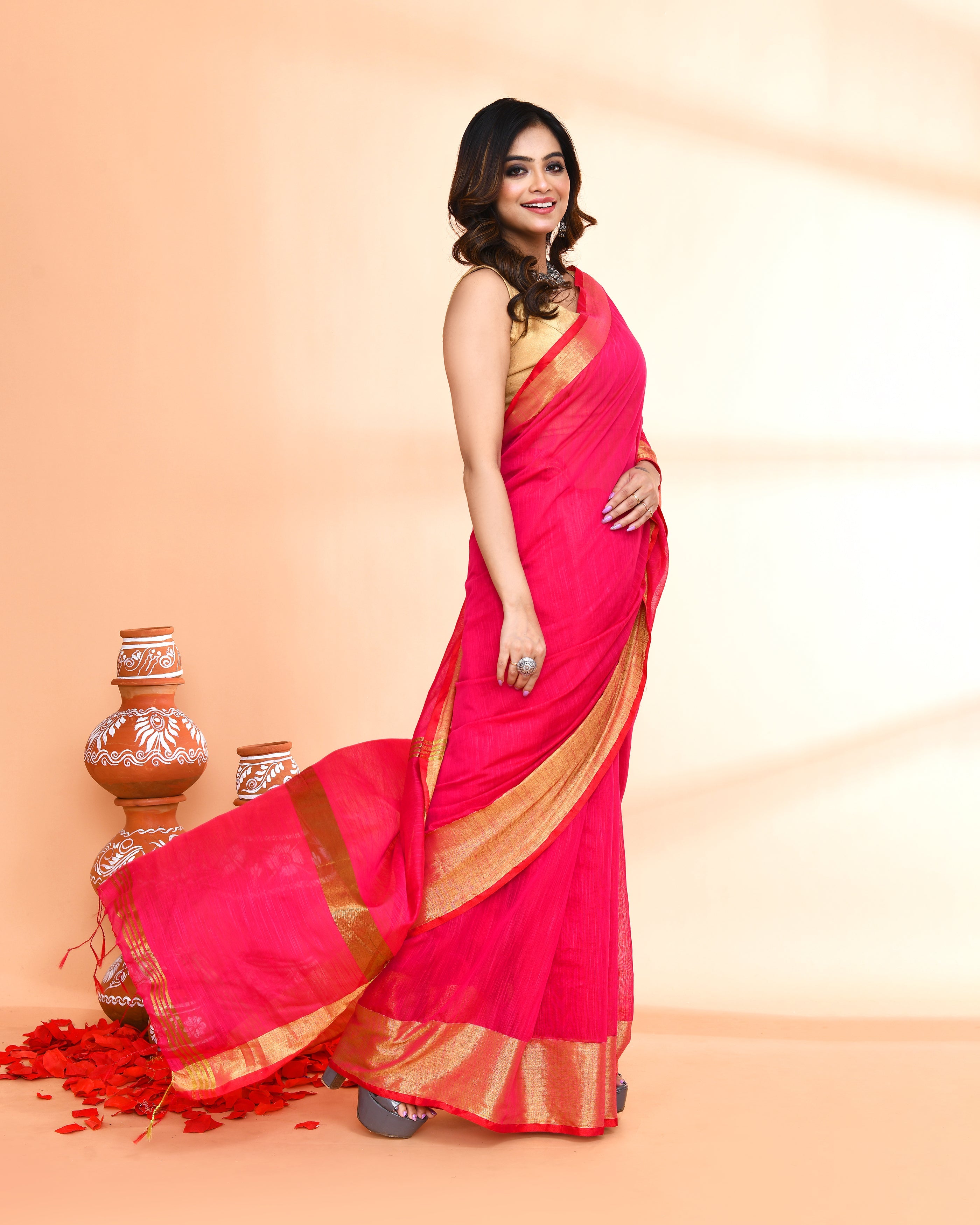 Piyari Fashion Women`s Cotton Silk Rani Pink Handloom Saree With Blouse