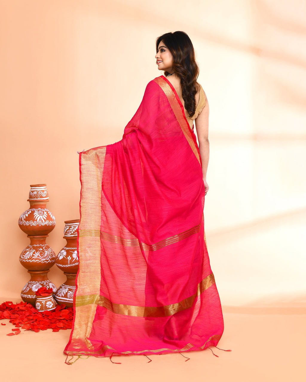 Piyari Fashion Women`s Cotton Silk Rani Pink Handloom Saree With Blouse