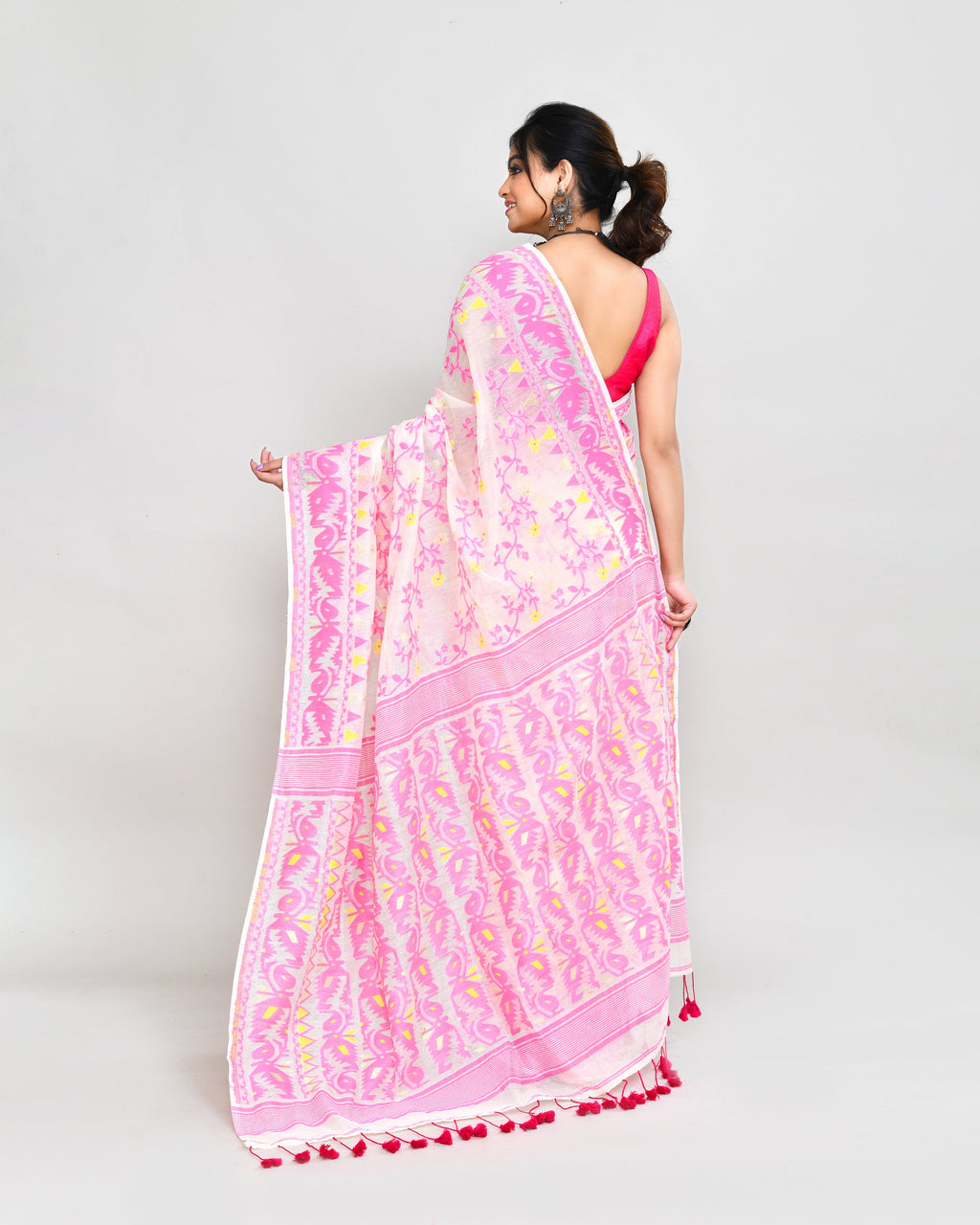 Piyari Fashion Women's Off White Pink Cotton Silk Jamdani Saree