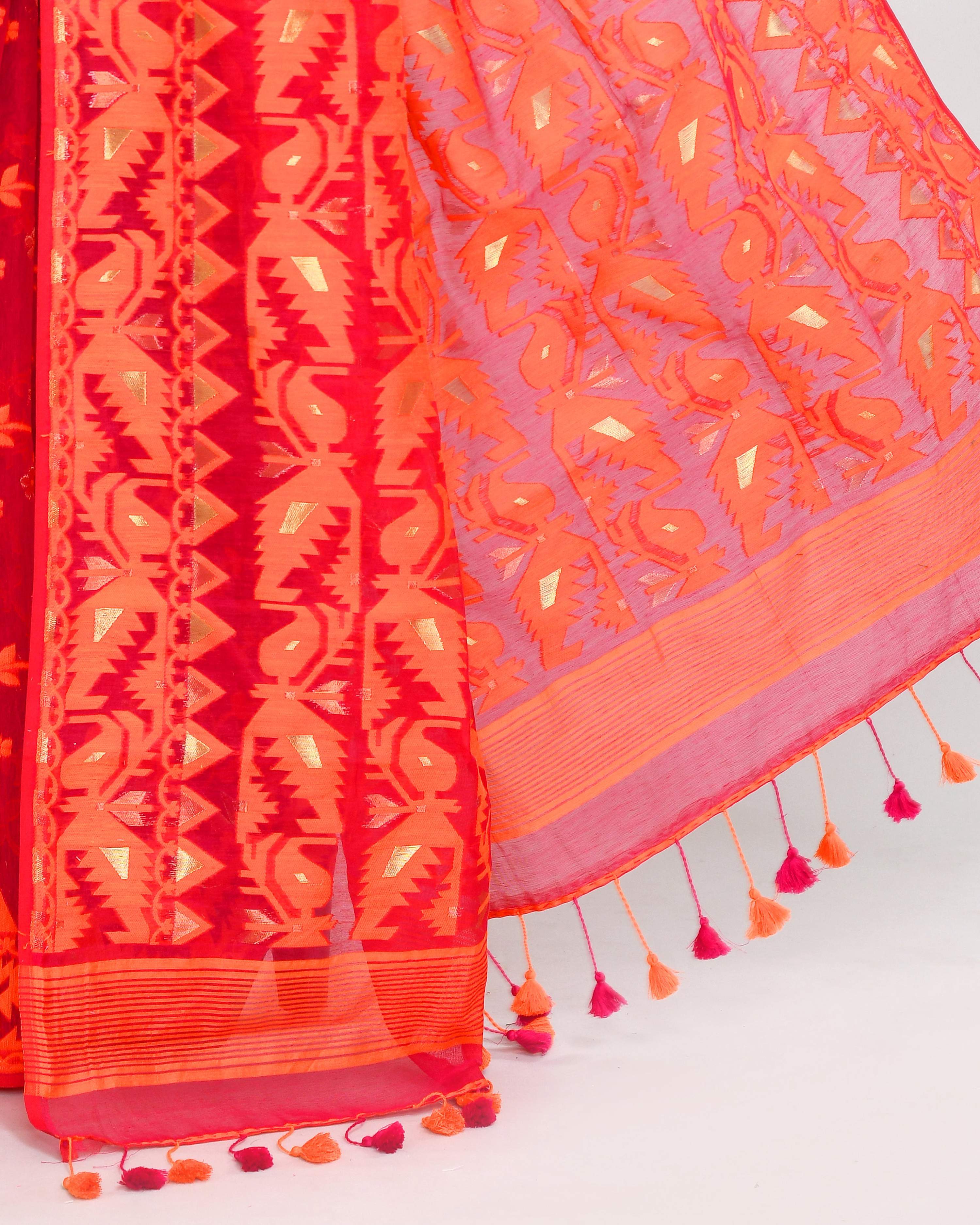 Piyari Fashion Women's Rani Orange Cotton Silk Jamdani Saree