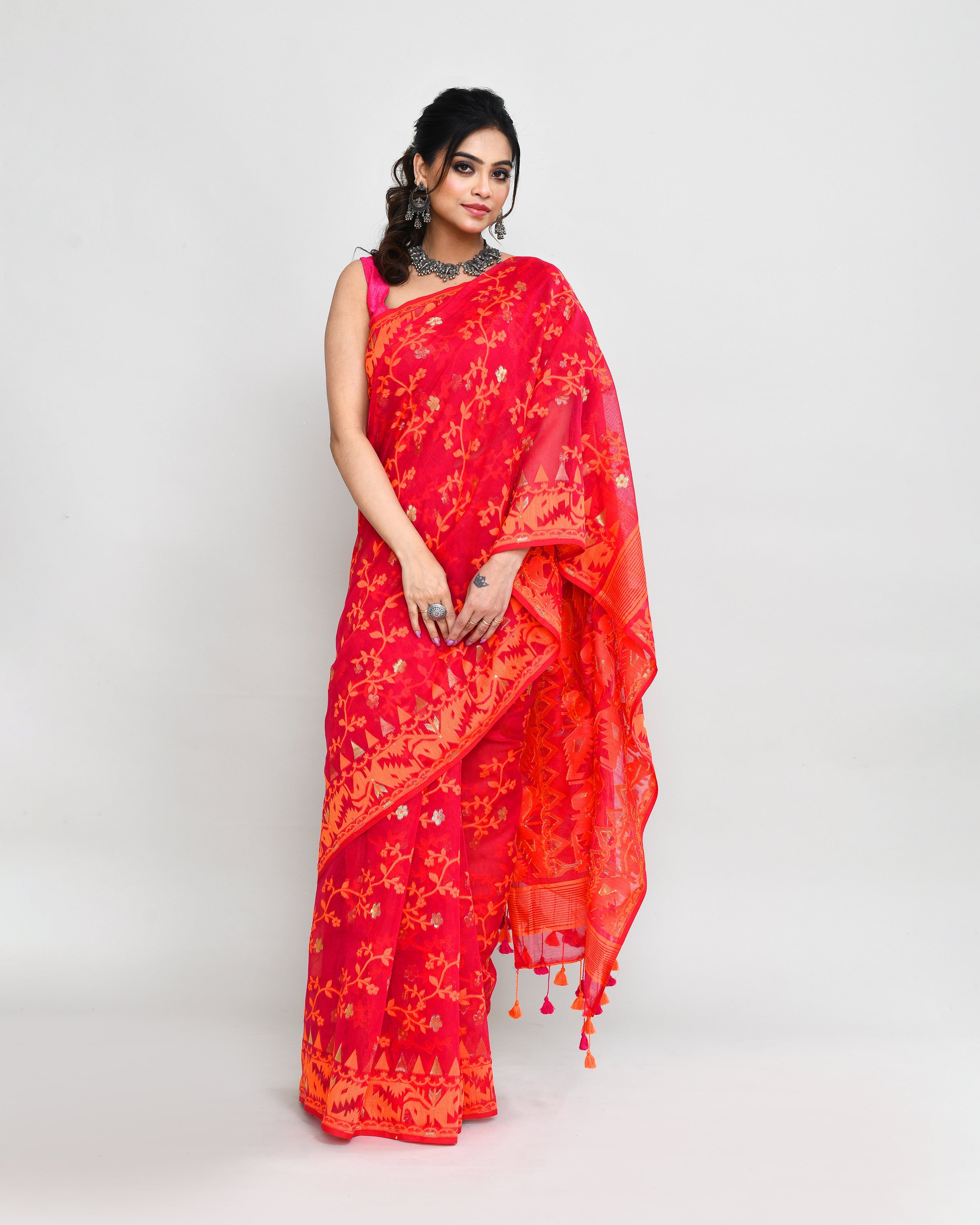 Piyari Fashion Women's Rani Orange Cotton Silk Jamdani Saree