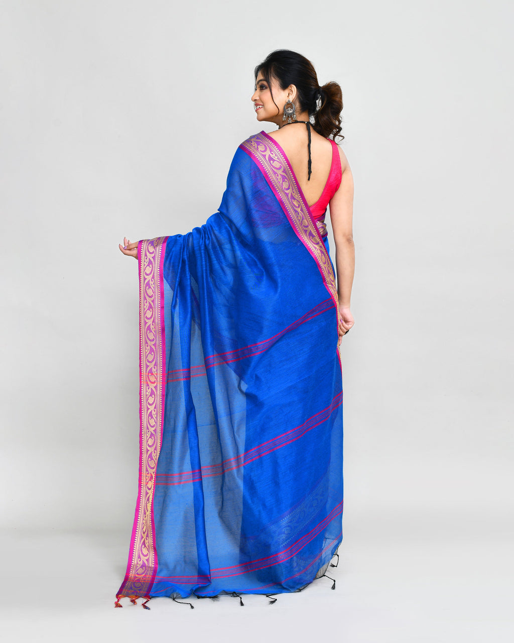Piyari Fashion Women`s Cotton Silk Blue Handloom Saree With Blouse