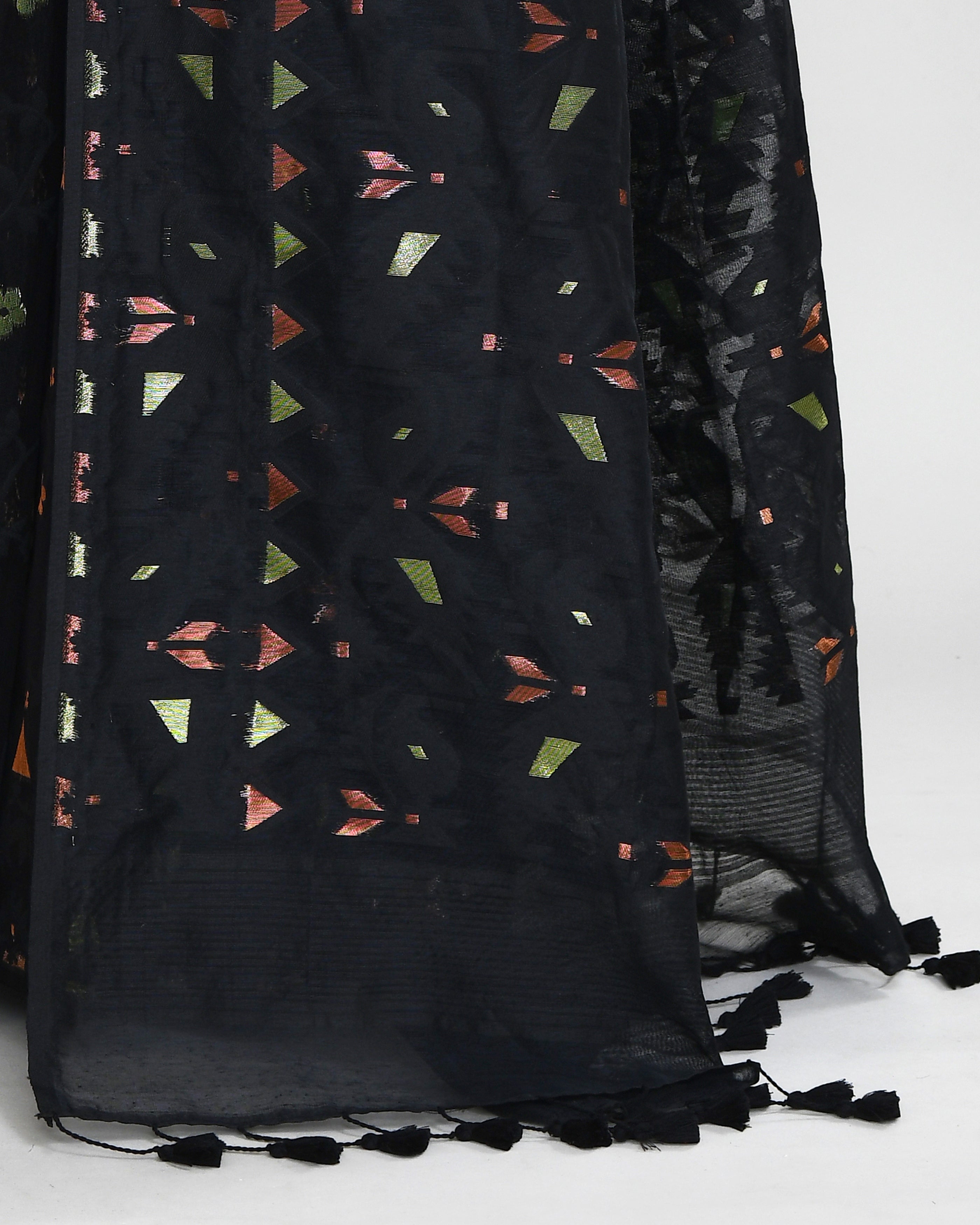 Piyari Fashion Women's Black Cotton Silk Jamdani Saree With Tassels