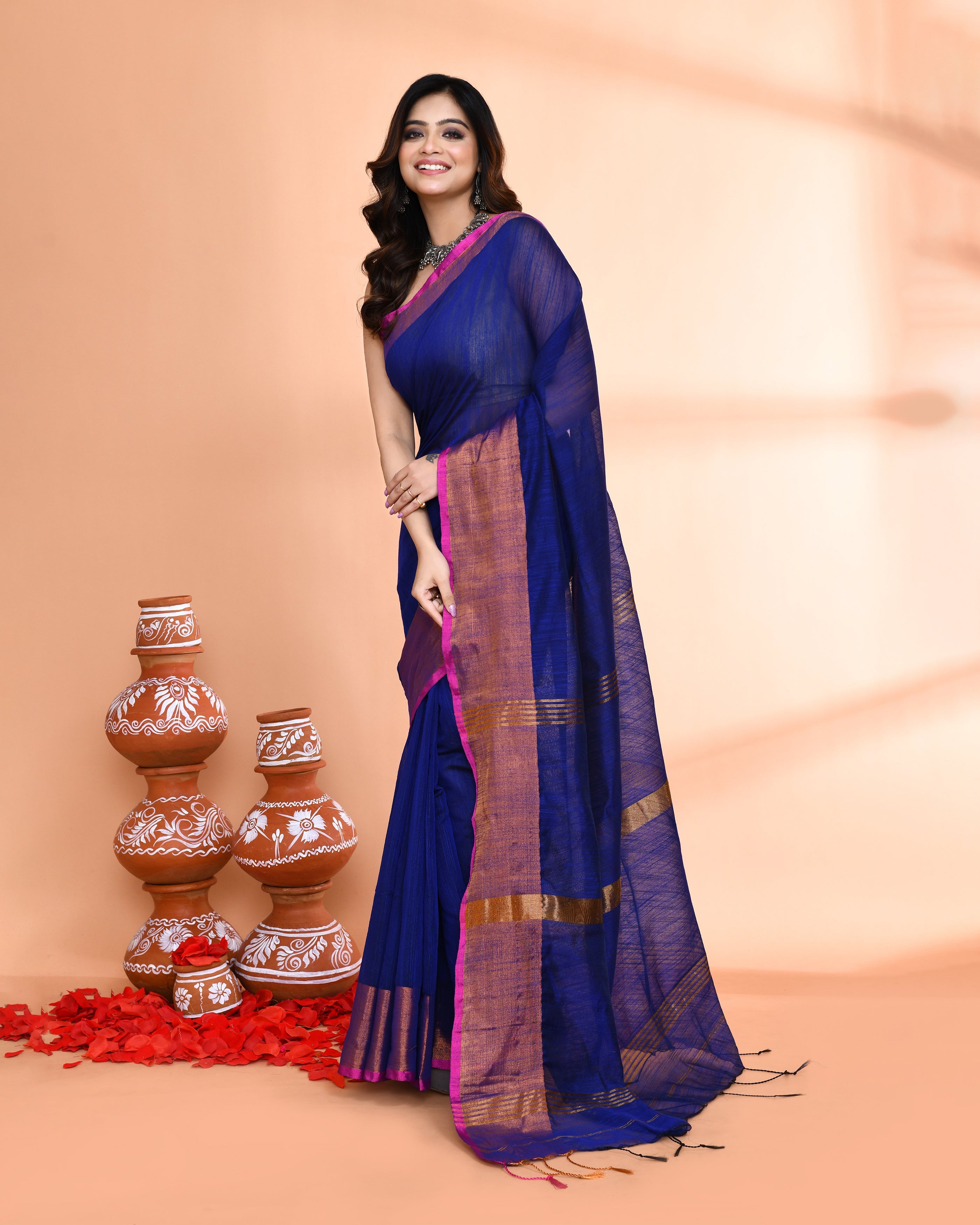 Piyari Fashion Women`s Cotton Silk Royel Blue Handloom Saree With Blouse