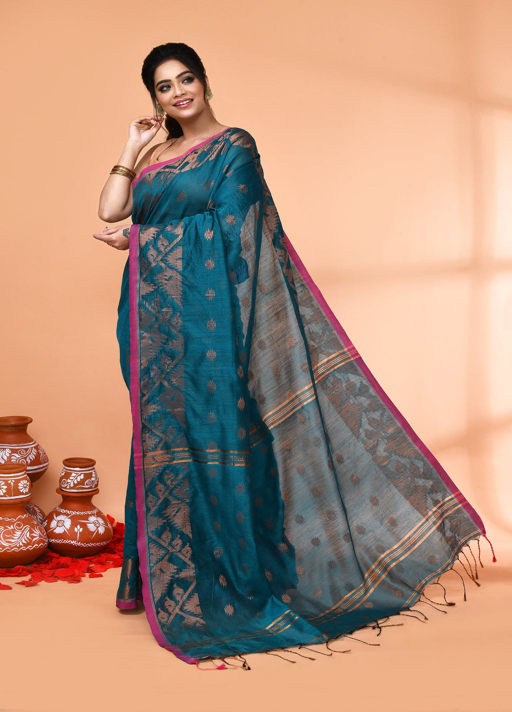 Piyari Fashion Women`s Cotton Blend Teal Handloom Saree With Blouse