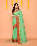 Piyari Fashion Women's Green Cotton Blend Handloom Saree With Red Temple Border