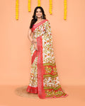 Piyari Fashion Women's Off White Printed Cotton Saree With Zari Border