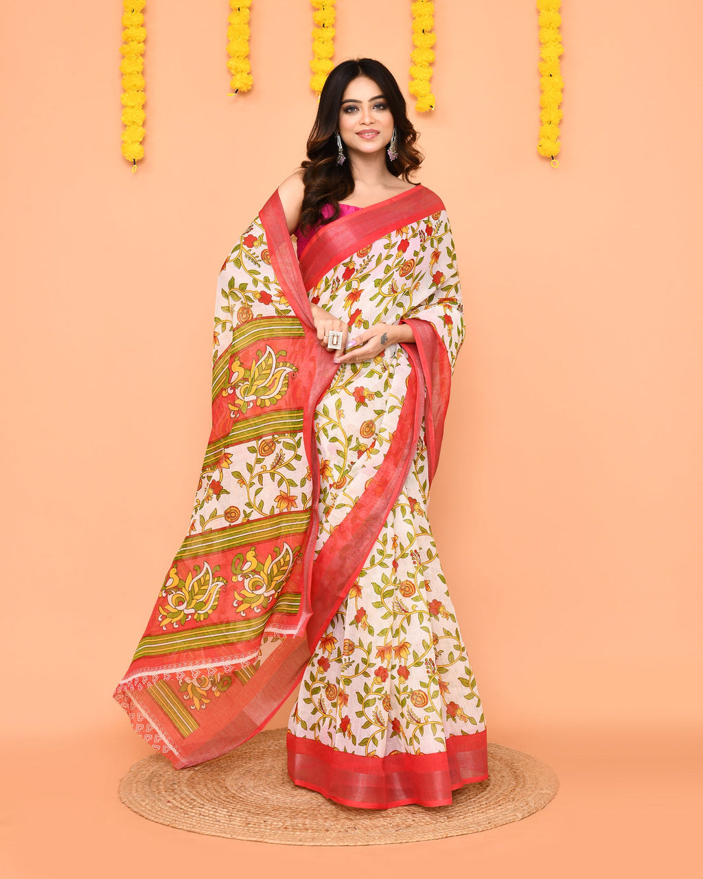 Piyari Fashion Women's Off White Printed Cotton Saree With Zari Border