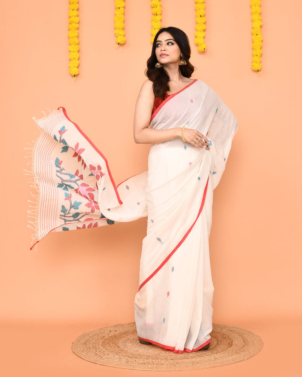 Piyari Fashion Women's White Cotton Jamdani Saree
