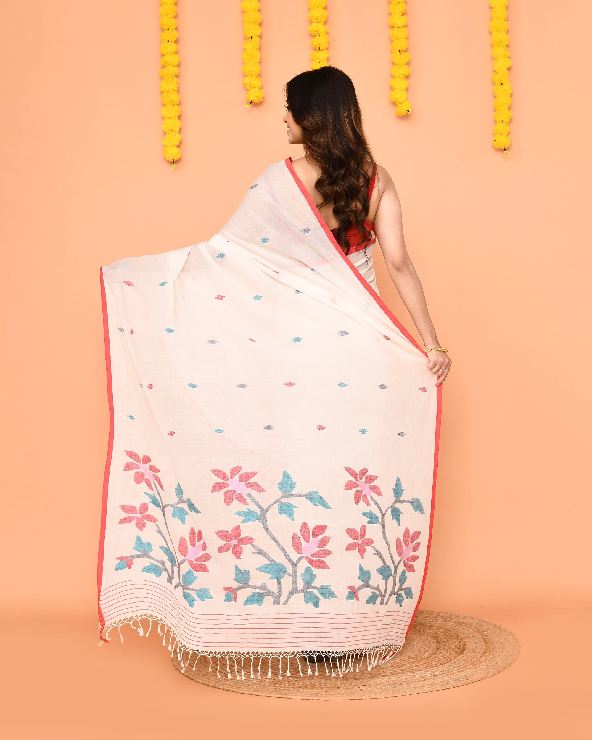 Piyari Fashion Women's White Cotton Jamdani Saree