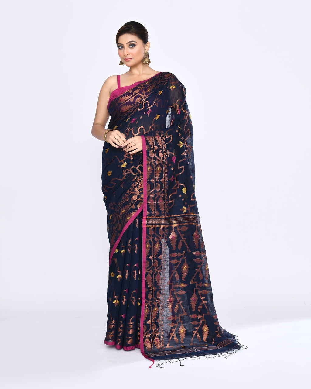 Piyari Fashion Women's Navy Blue Embellished Cotton Blend Jamdani Saree