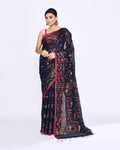Piyari Fashion Women's Navy Blue Embellished Cotton Blend Jamdani Saree