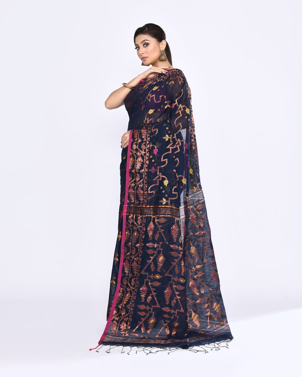 Piyari Fashion Women's Navy Blue Embellished Cotton Blend Jamdani Saree