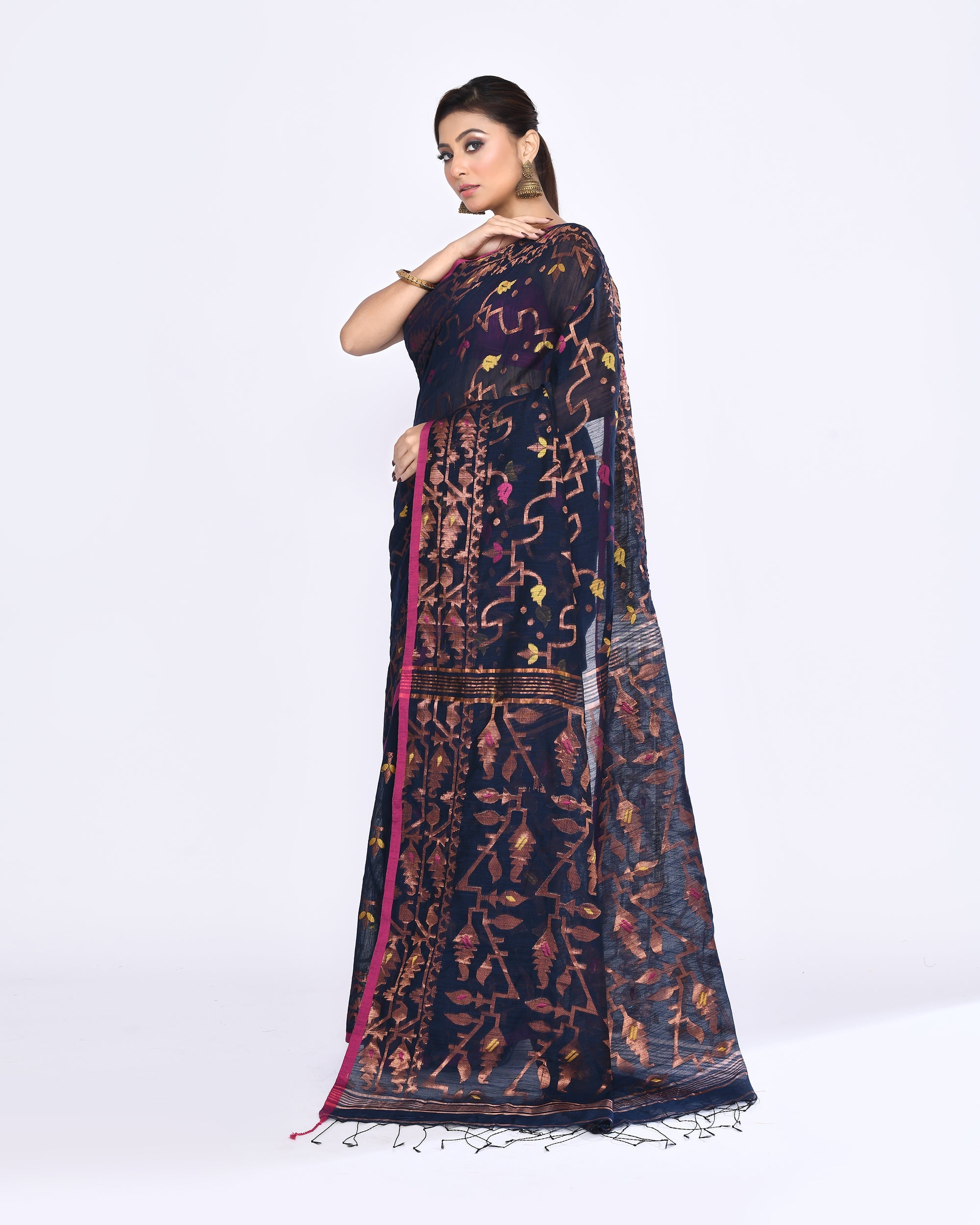 Piyari Fashion Women's Navy Blue Embellished Cotton Blend Jamdani Saree