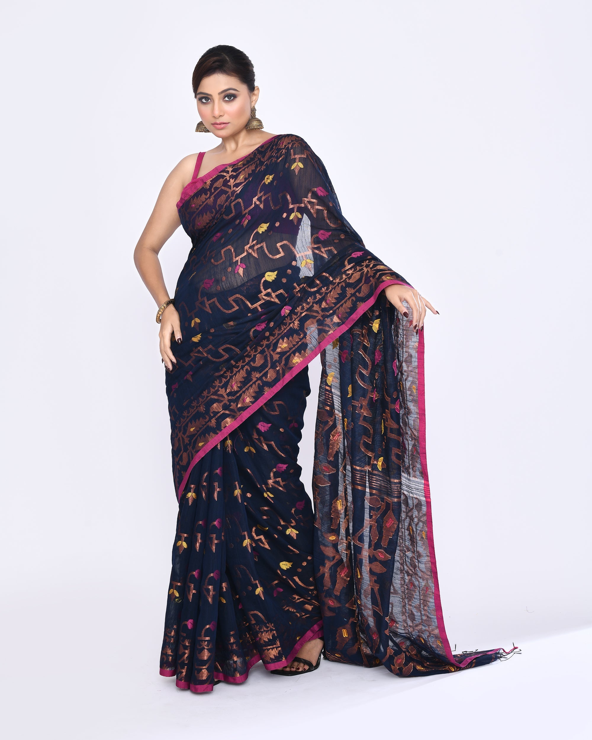 Piyari Fashion Women's Navy Blue Embellished Cotton Blend Jamdani Saree