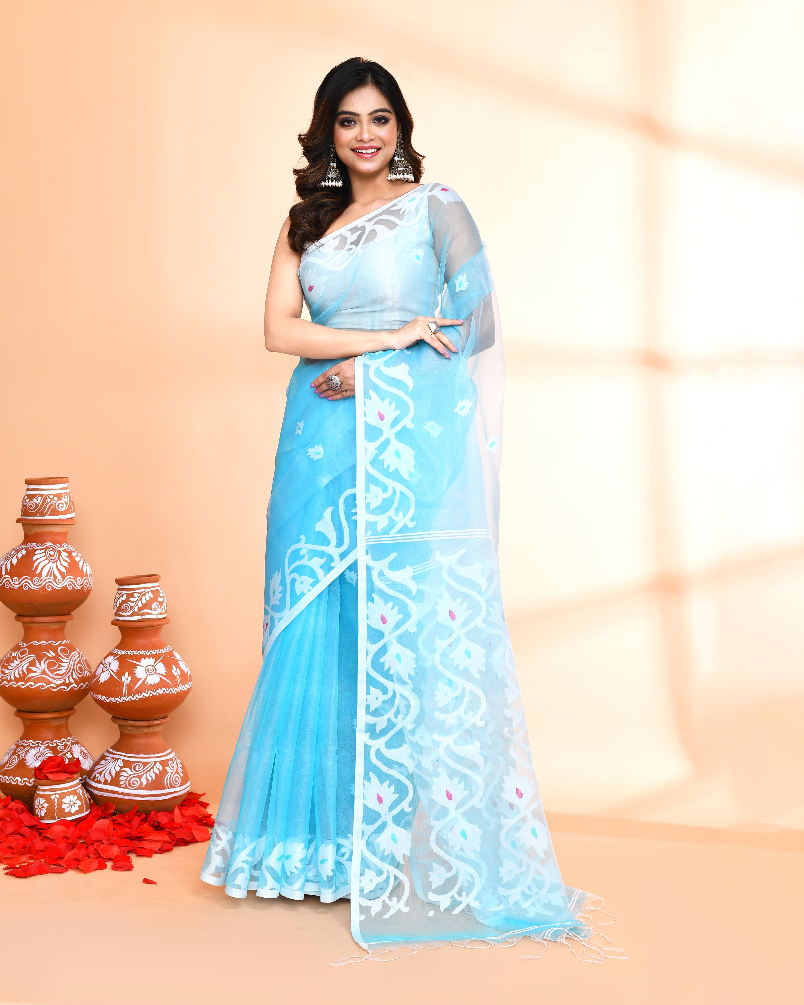 Piyari Fashion Women`s Aqua Hand Work Art Silk Jamdani Saree With Blouse