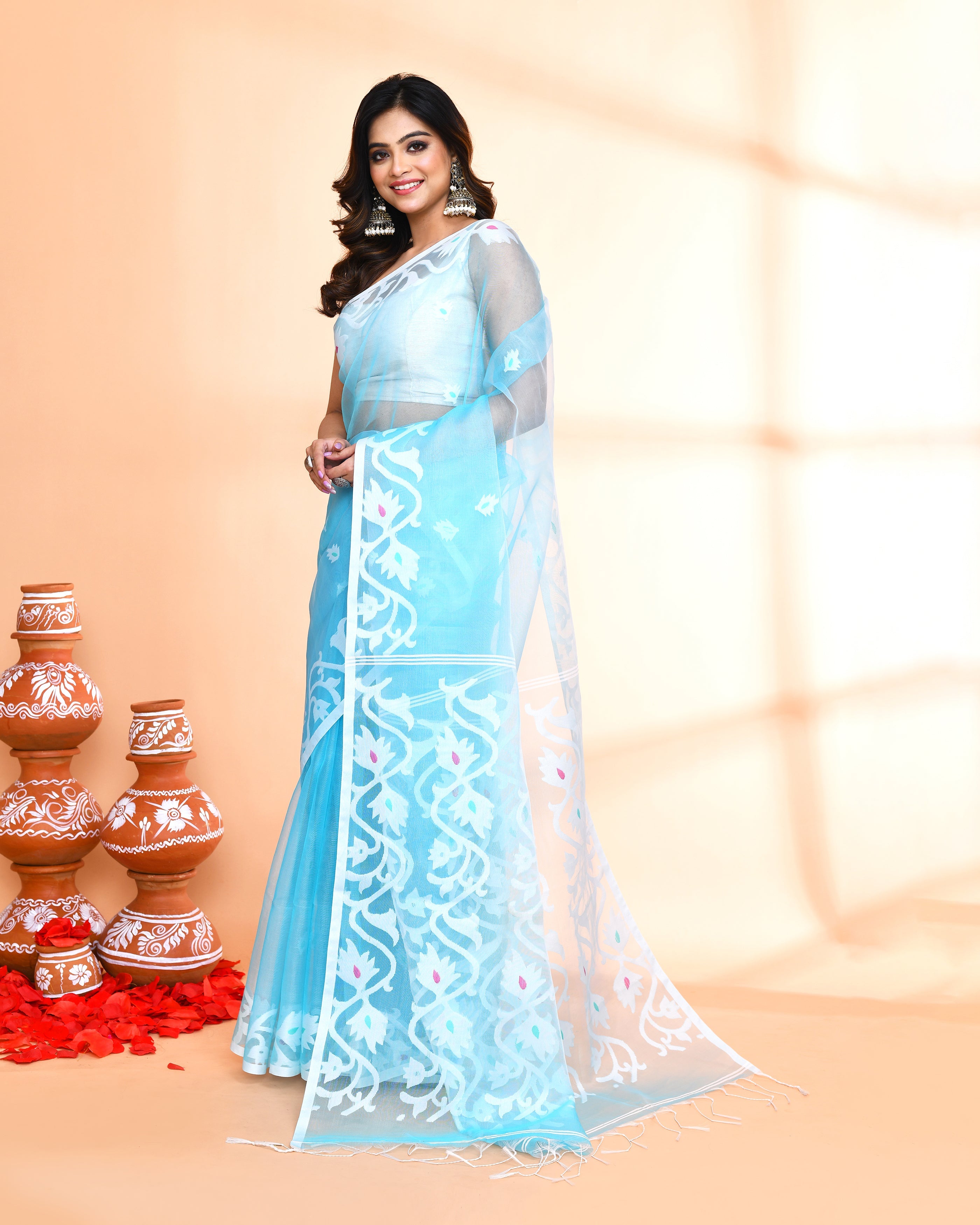 Piyari Fashion Women`s Aqua Hand Work Art Silk Jamdani Saree With Blouse