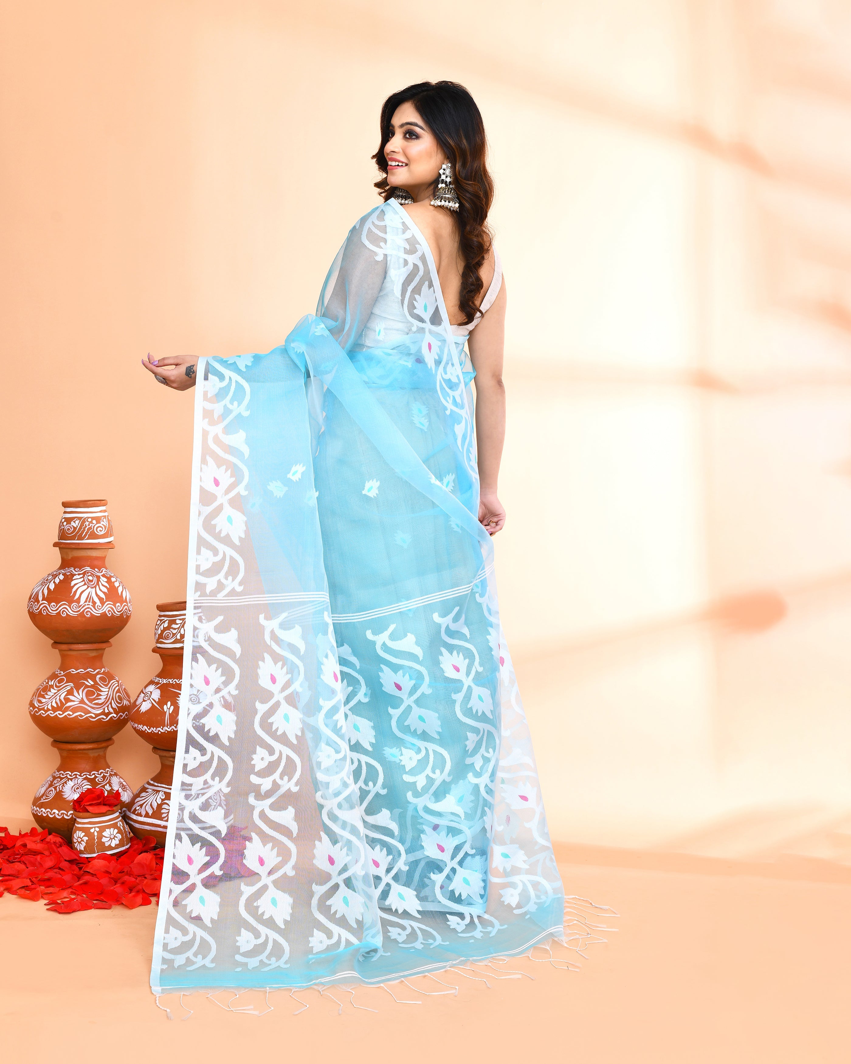 Piyari Fashion Women`s Aqua Hand Work Art Silk Jamdani Saree With Blouse