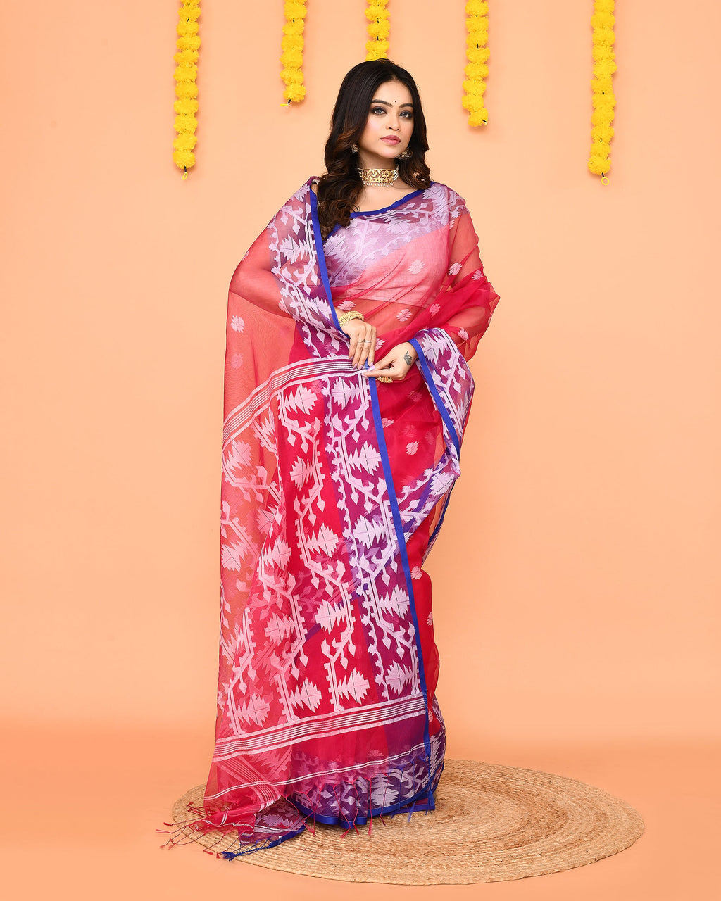Piyari Fashion Women's Rani Pink Resham Silk Jamdani Saree