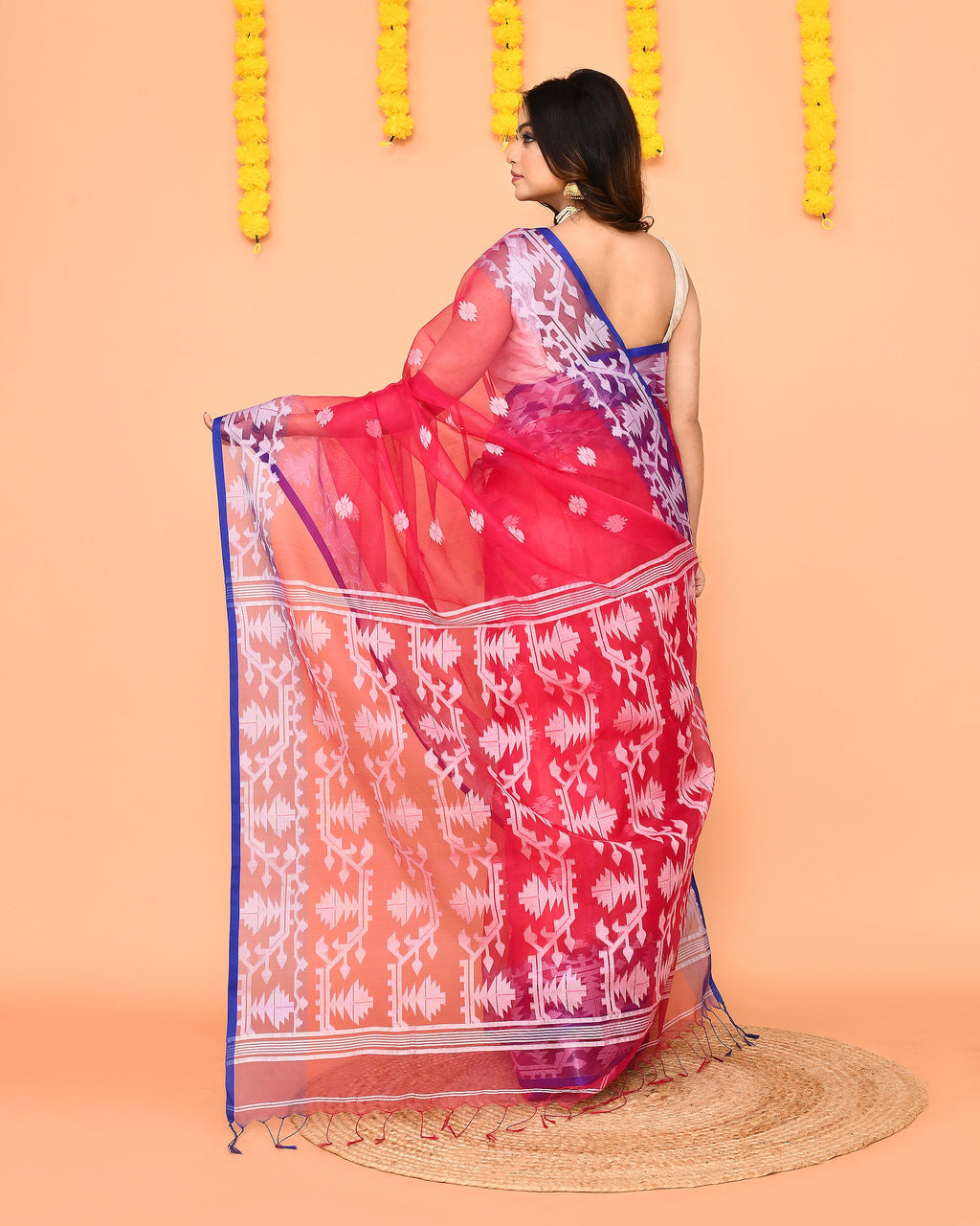 Piyari Fashion Women's Rani Pink Resham Silk Jamdani Saree