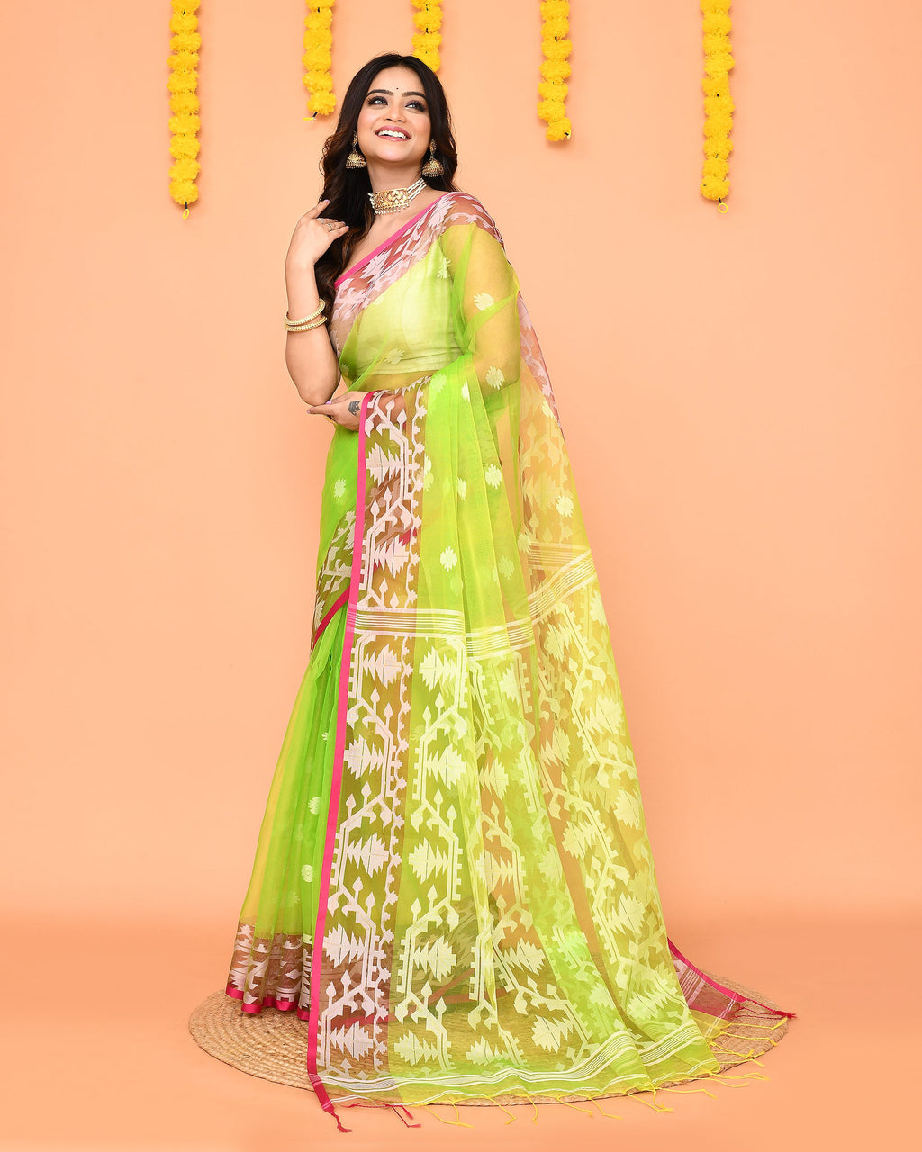 Piyari Fashion Women's Lime Resham Silk Jamdani Saree