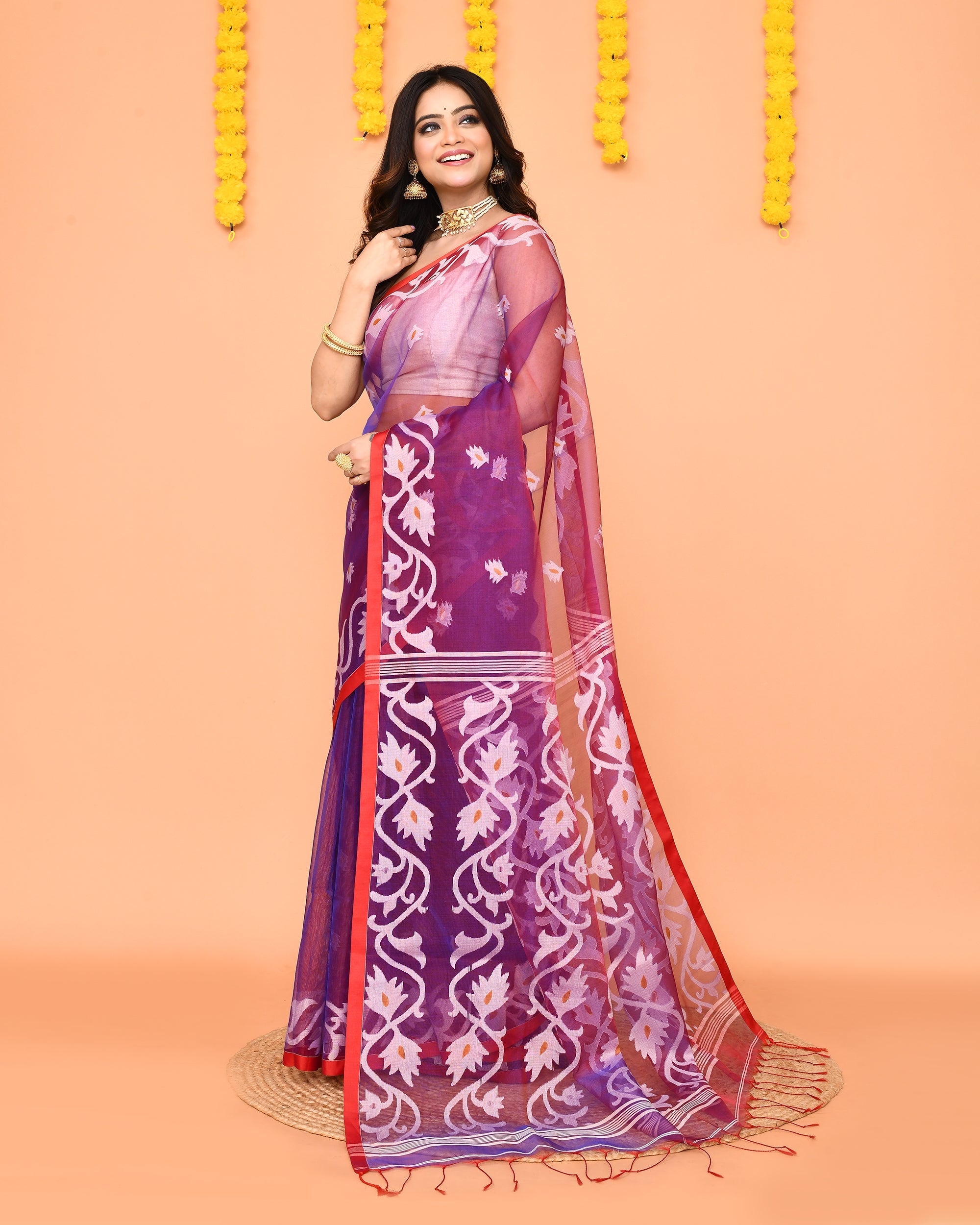 Piyari Fashion Women's Purple Resham Silk Jamdani Saree