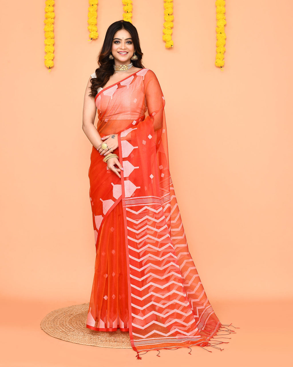 Piyari Fashion Women's Orange Resham Silk Jamdani Saree