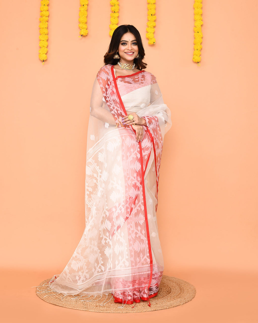 Piyari Fashion Women's White Resham Silk Jamdani Saree
