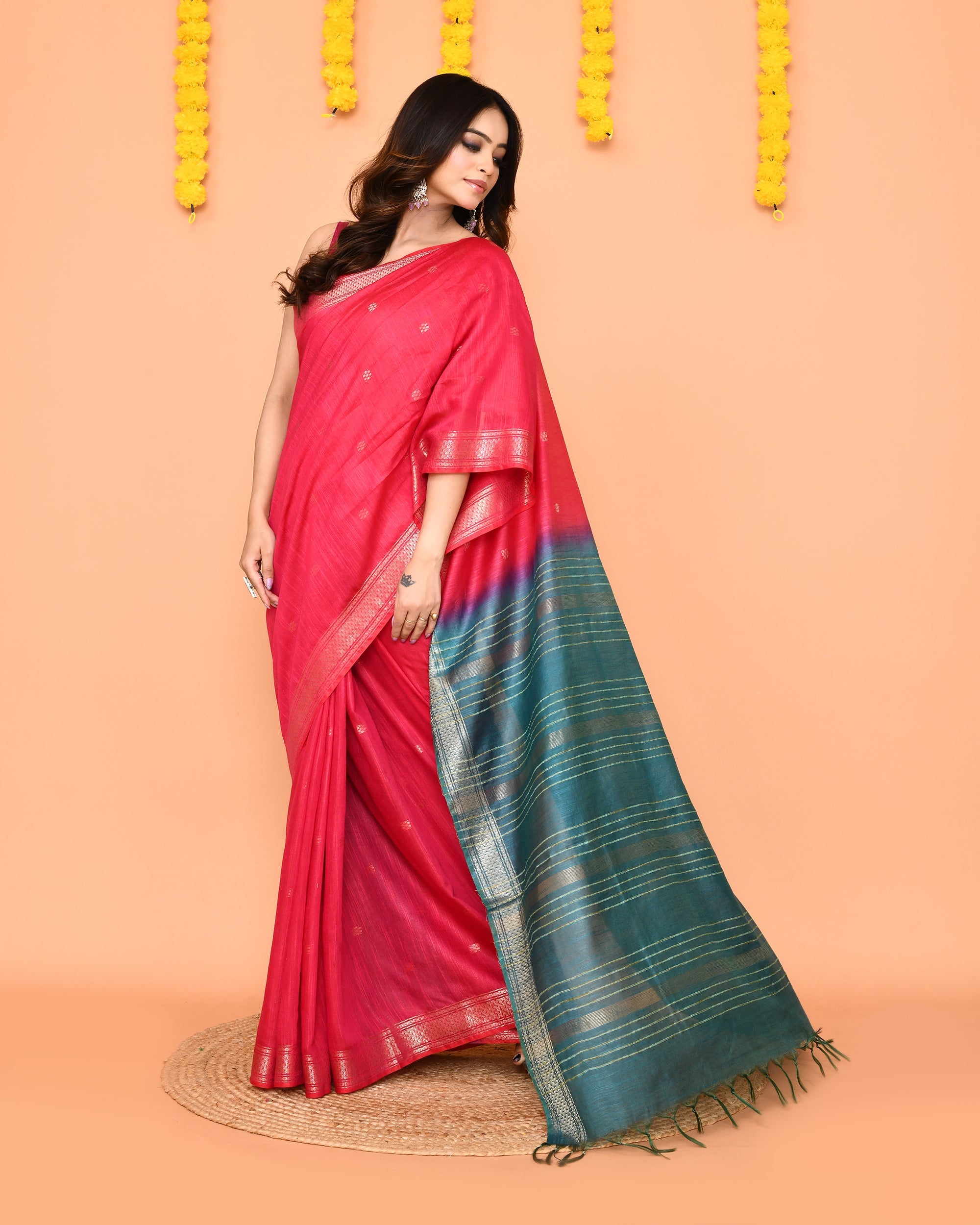 Piyari Fashion Women's Handloom Rani Blend Silk Saree With Zari Border