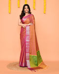 Piyari Fashion Women's Handloom Pastel Pink Yellow Bangalore Silk Saree With Zari Border