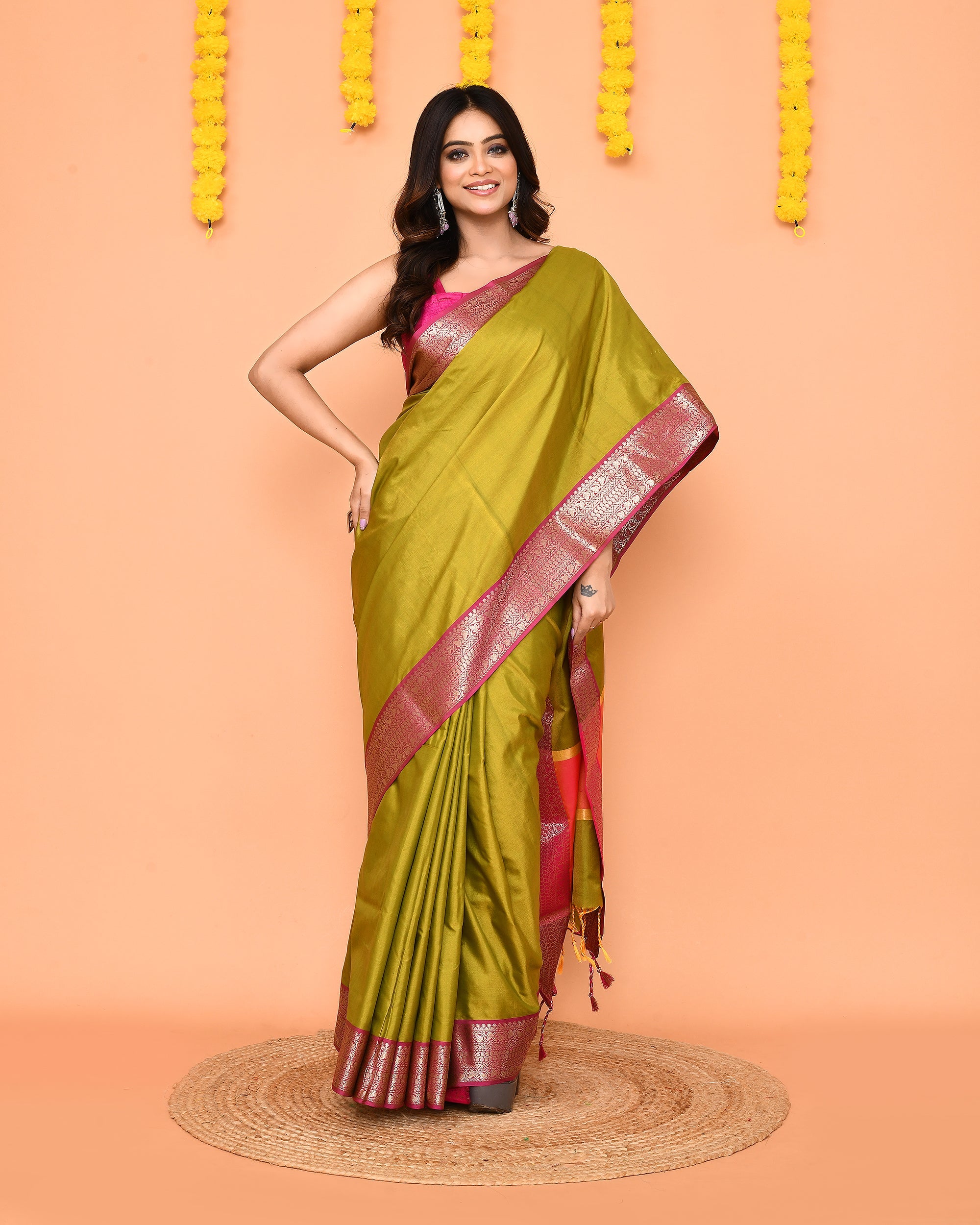 Piyari Fashion Women's Handloom Olive Bangalore Silk Saree With Zari Border